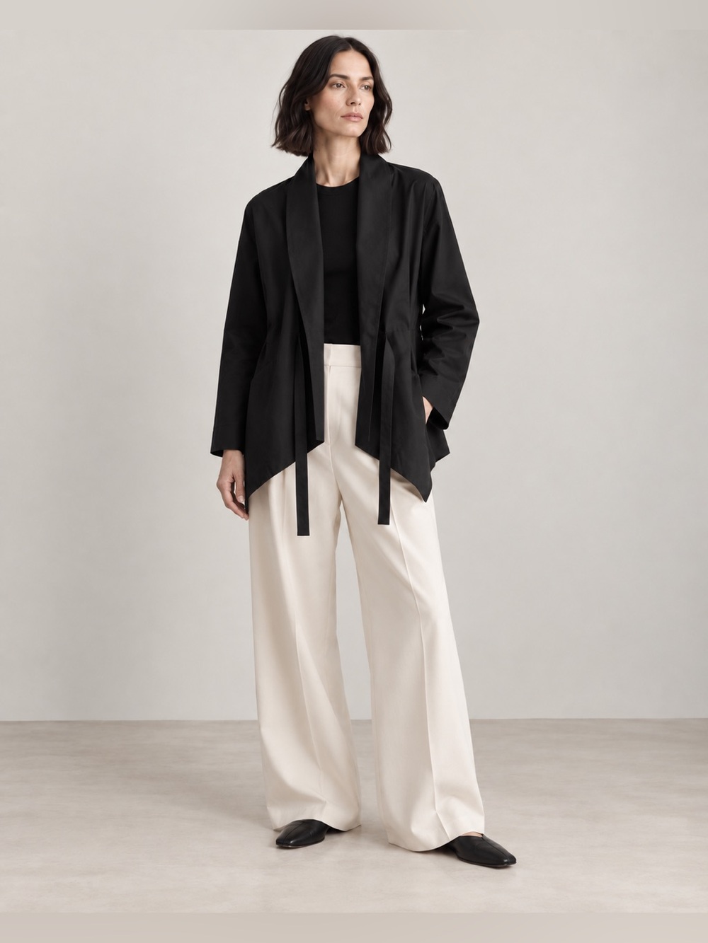 Lafayette 148 New York Black Draped Open-Front Jacket with Tie Detail